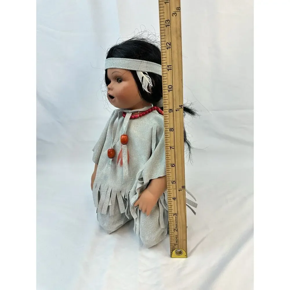 Vintage Native American Style Doll 12” – Feather Defect – Signed Neck Mark